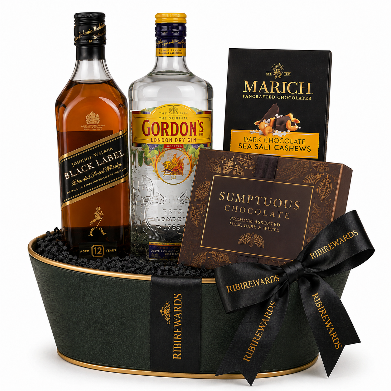 Johnnie Walker Black Label whisky and Gordon's London Dry Gin with Marich and Sumptuous chocolates in a RibiRewards branded hamper