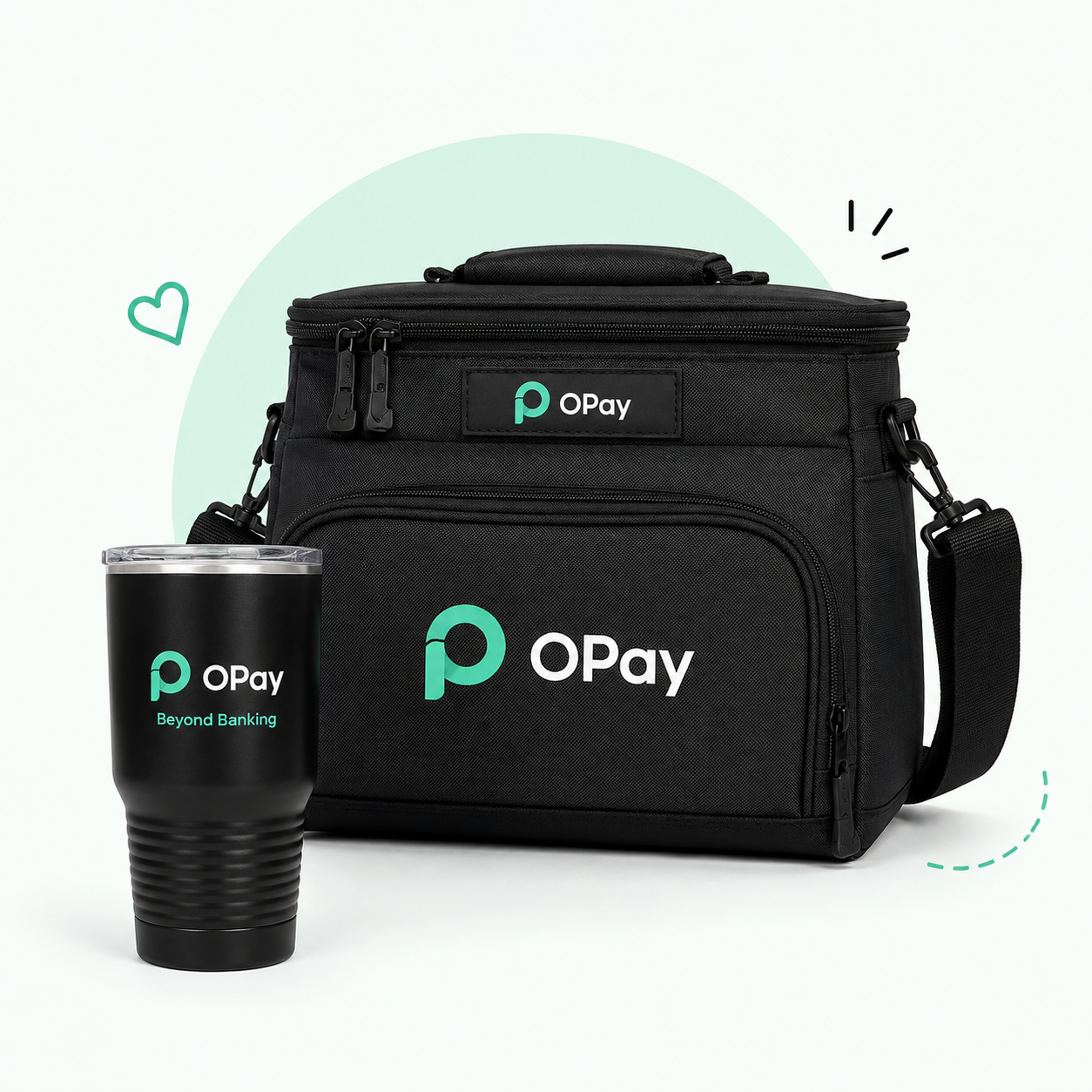 Black branded cooler bag with matching insulated tumbler