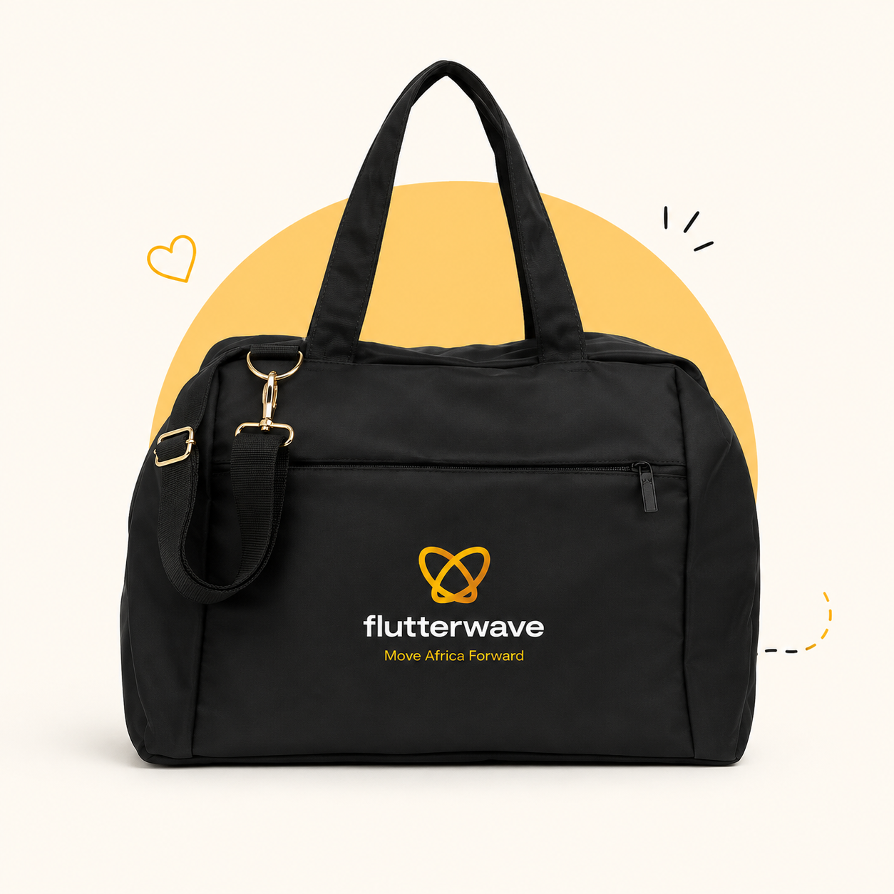 Black structured duffel bag with branded logo and gold hardware