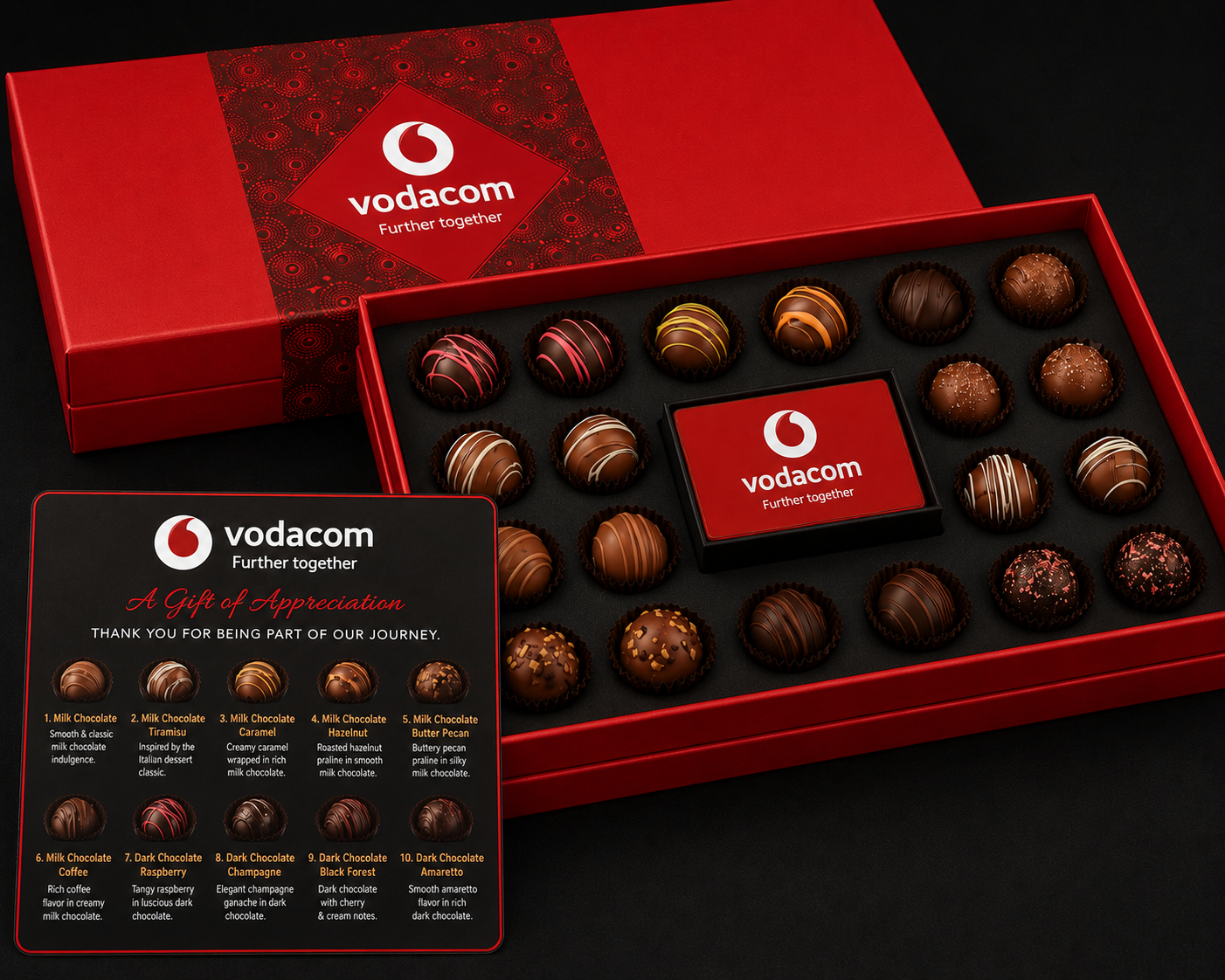 An open red gift box of 24 assorted chocolate truffles with a branded flavour guide card, shown for Vodacom