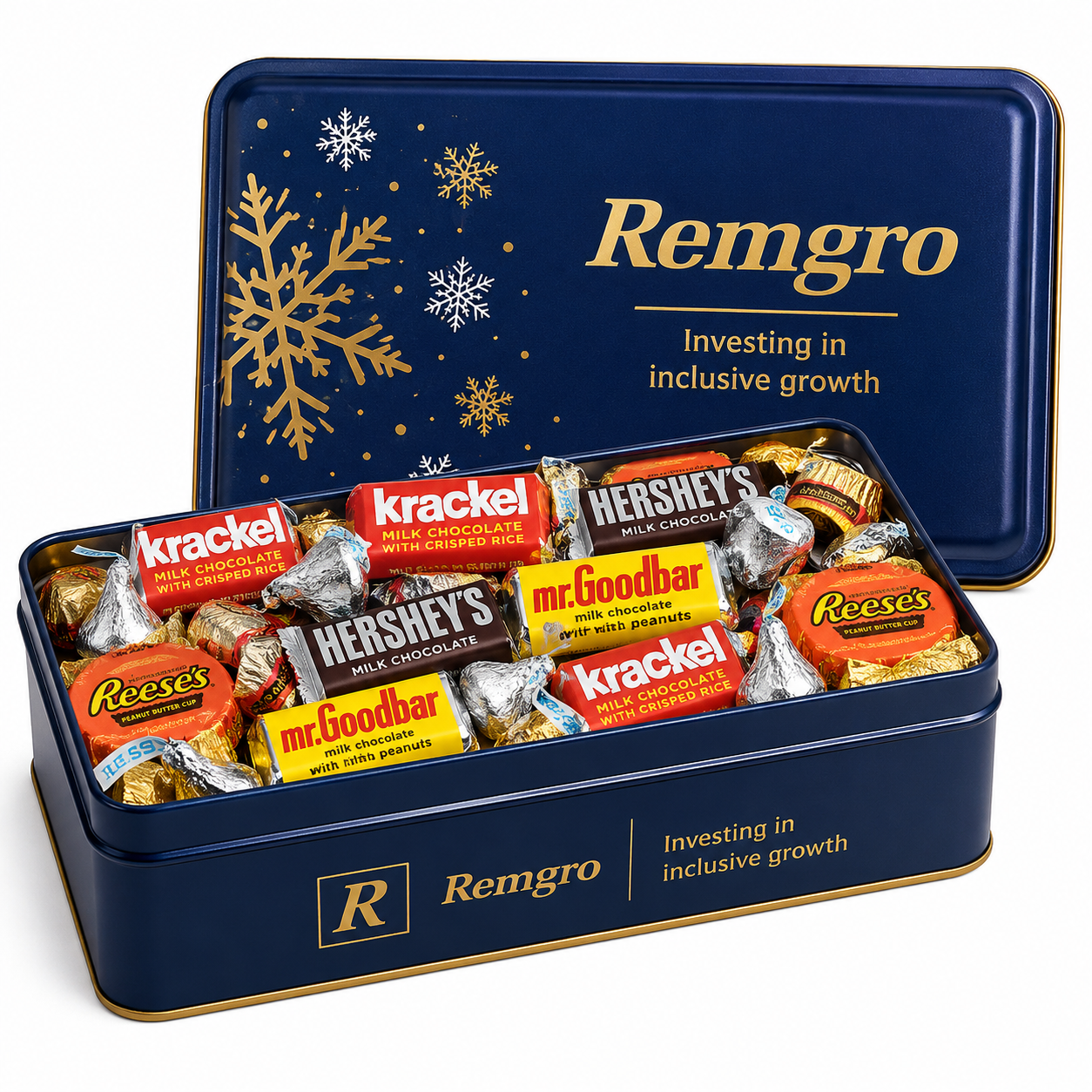 A navy and gold snowflake-themed tin filled with assorted branded-name chocolate miniatures, shown for Remgro