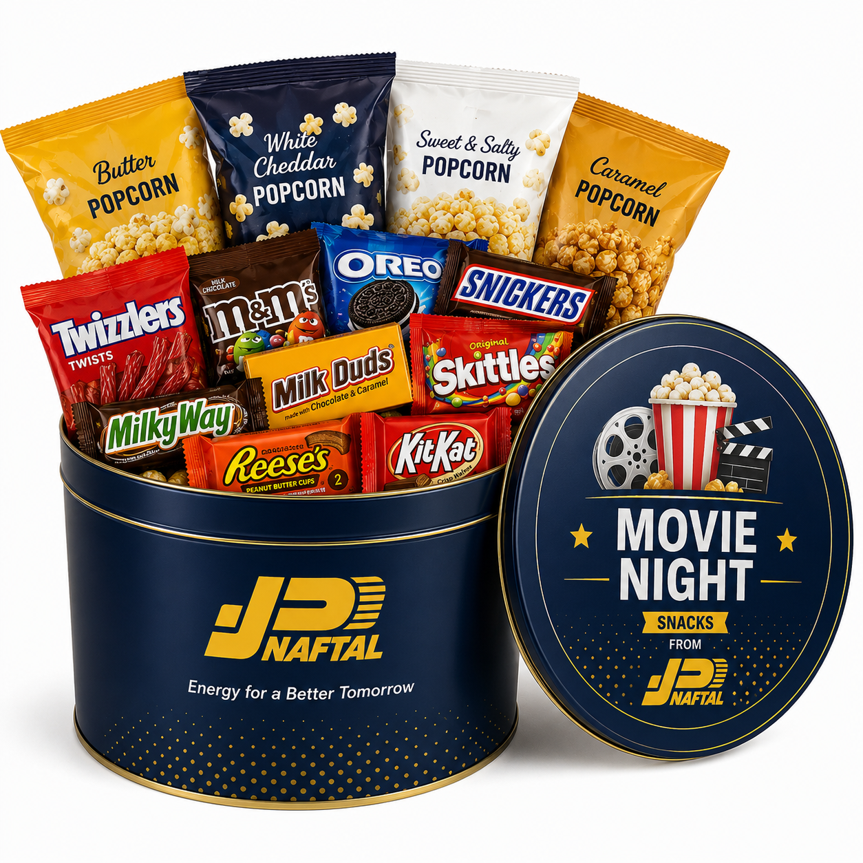 A round navy tin branded for JD Naftal, filled with popcorn bags and assorted chocolate bars under a Movie Night themed lid