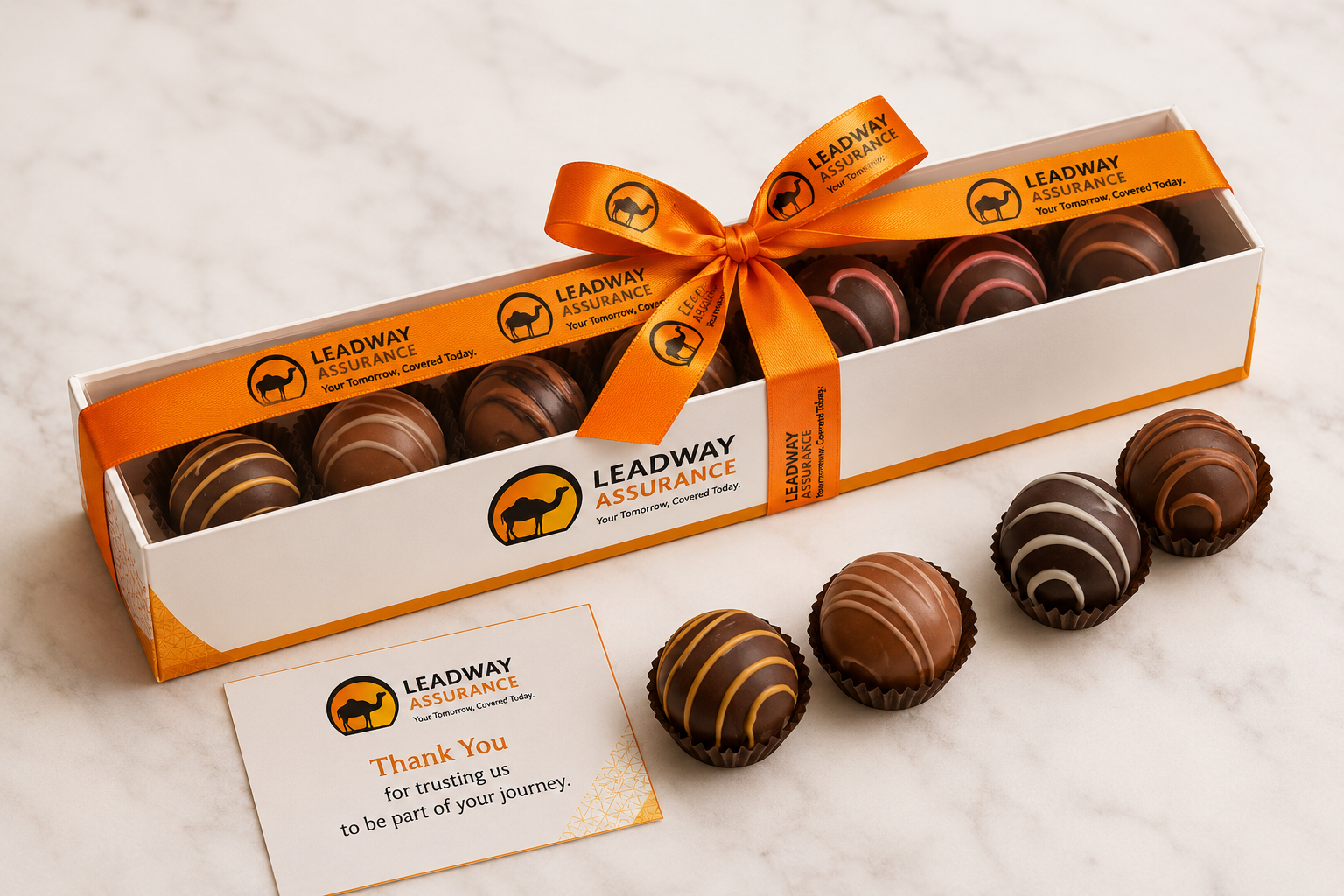 An open white gift box of assorted chocolate truffles tied with an orange branded ribbon, beside a matching thank-you card, branded for Leadway Assurance
