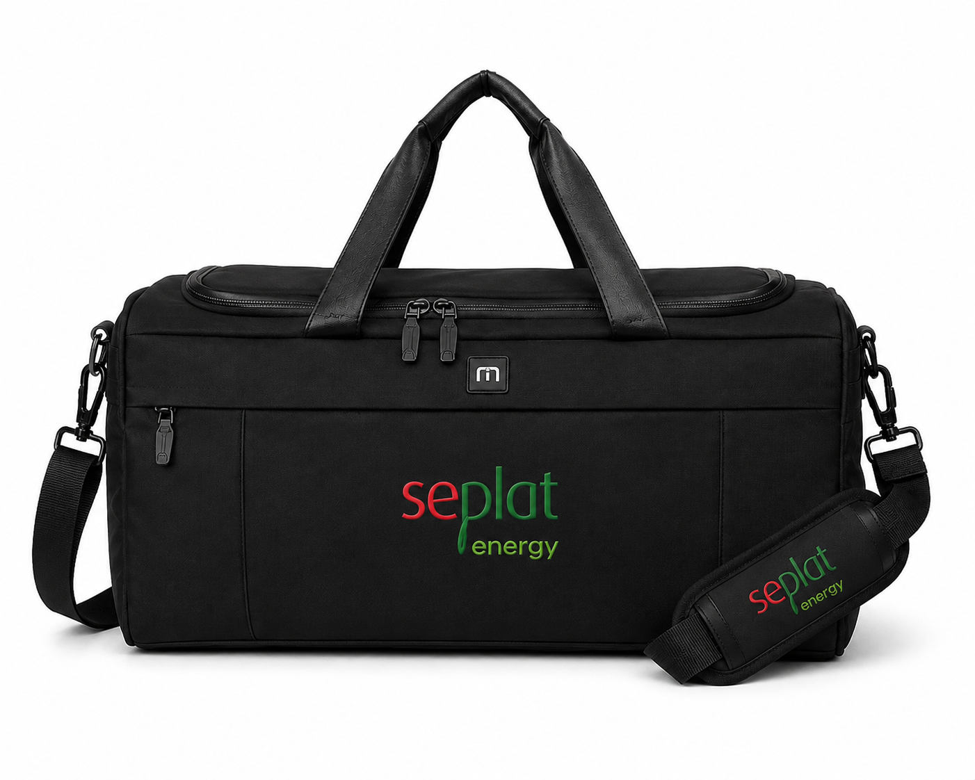 Black weekend duffel bag with leather-look handles and branded shoulder strap pad