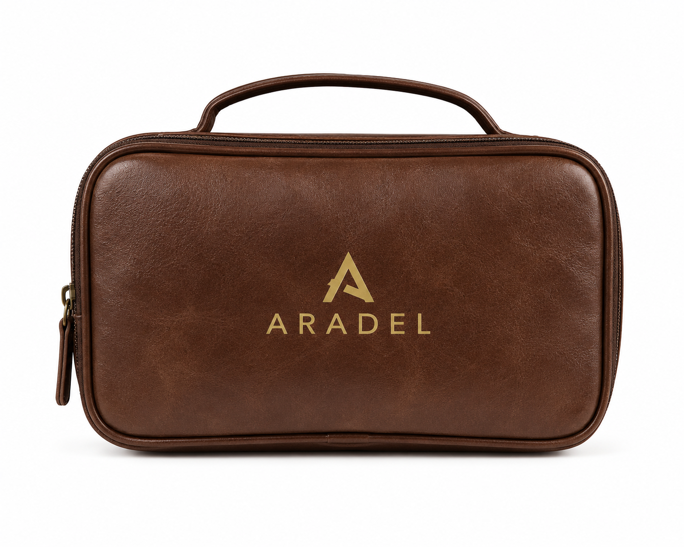 Brown leather-look toiletry bag with branded gold logo and top handle