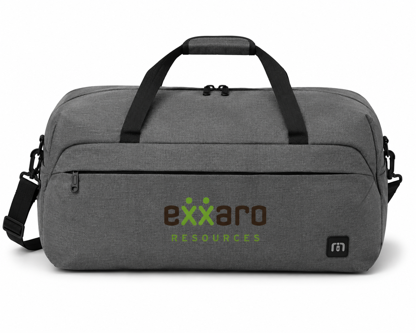 Grey heather duffel bag with black handle grip and branded logo