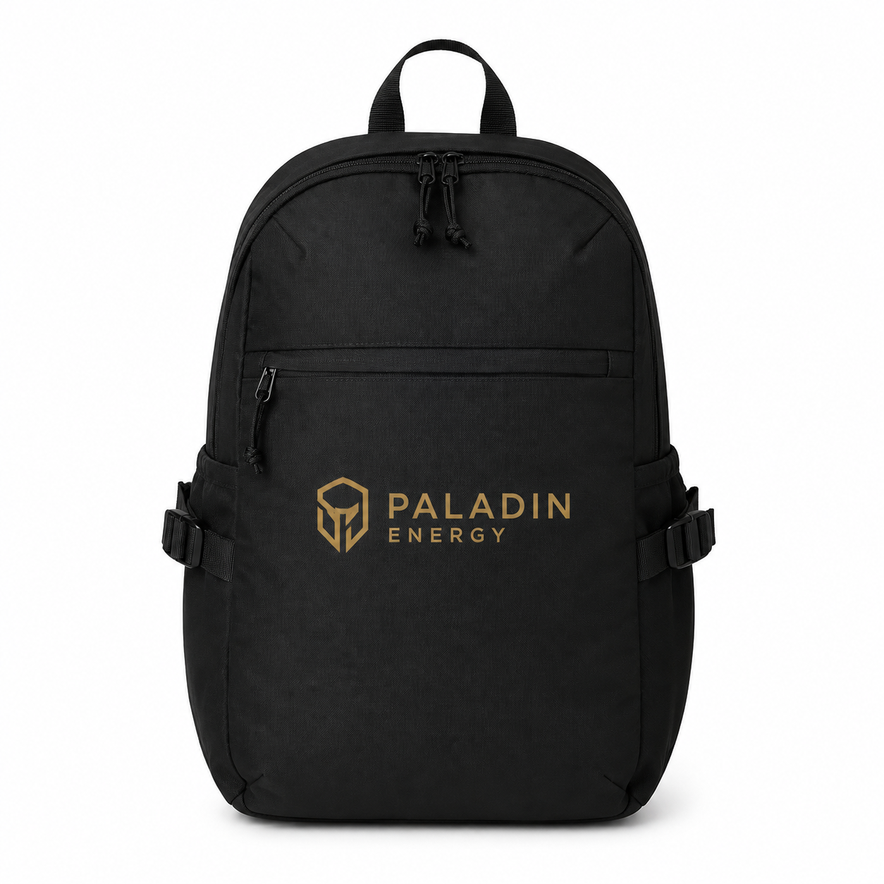 Black laptop backpack with adjustable side straps and gold branded logo