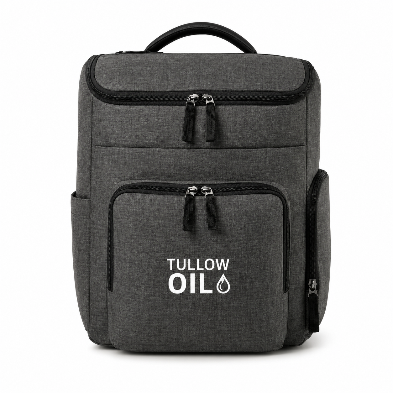 Dark grey structured backpack with multiple front pockets and branded logo