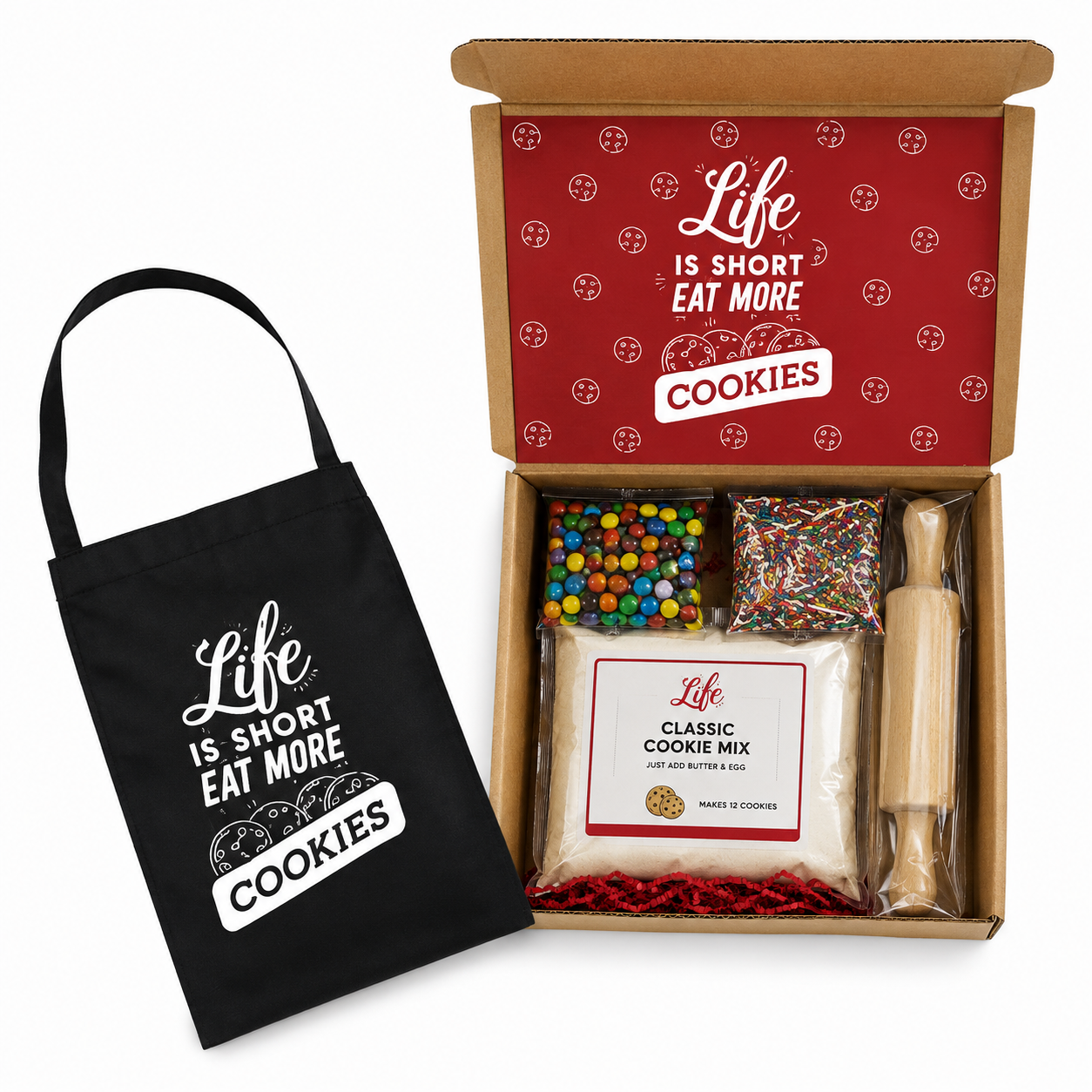 Cookie baking kit gift box with cookie mix, sprinkles, chocolate candies, and a rolling pin, alongside a matching tote bag