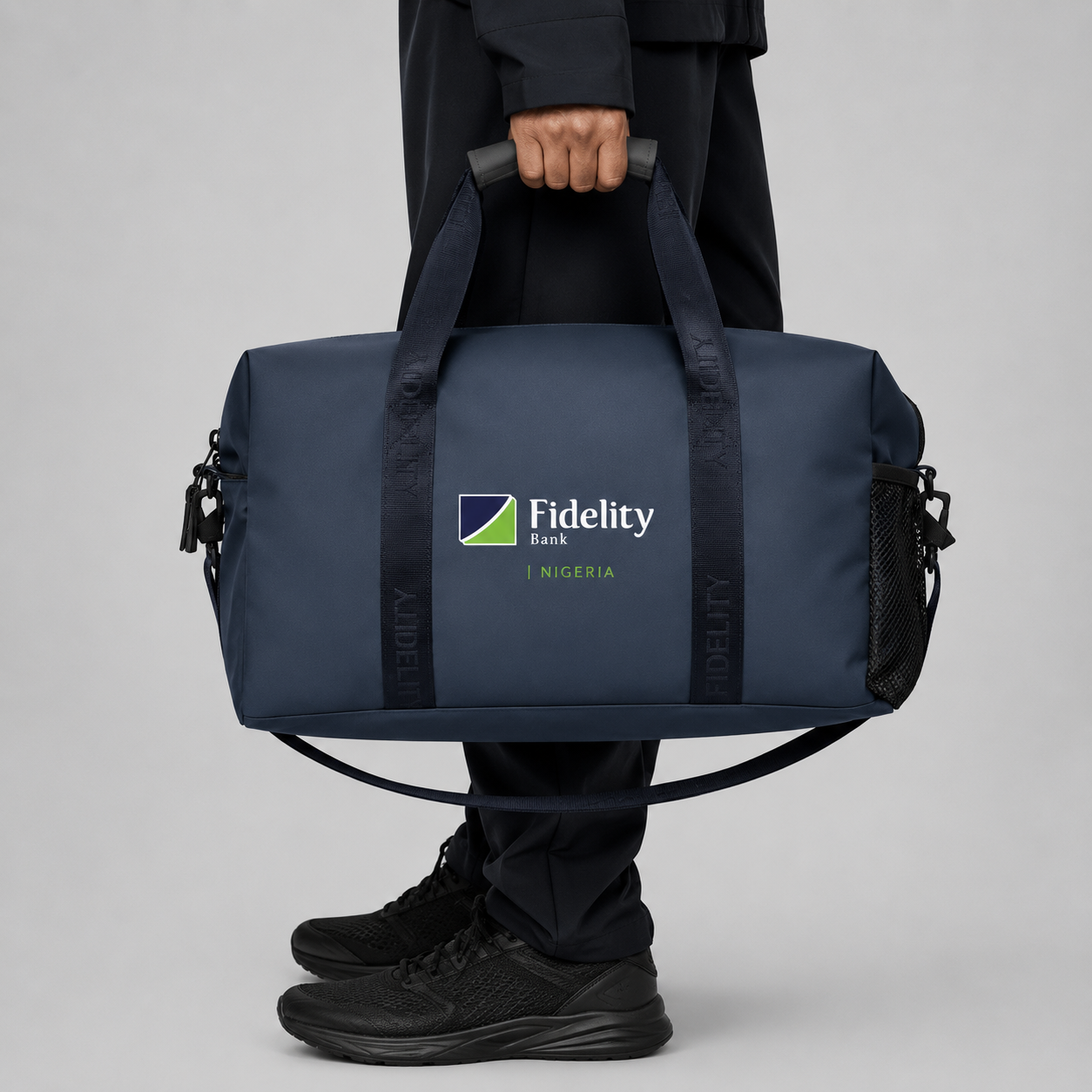 Navy weekend duffel bag with branded logo placement