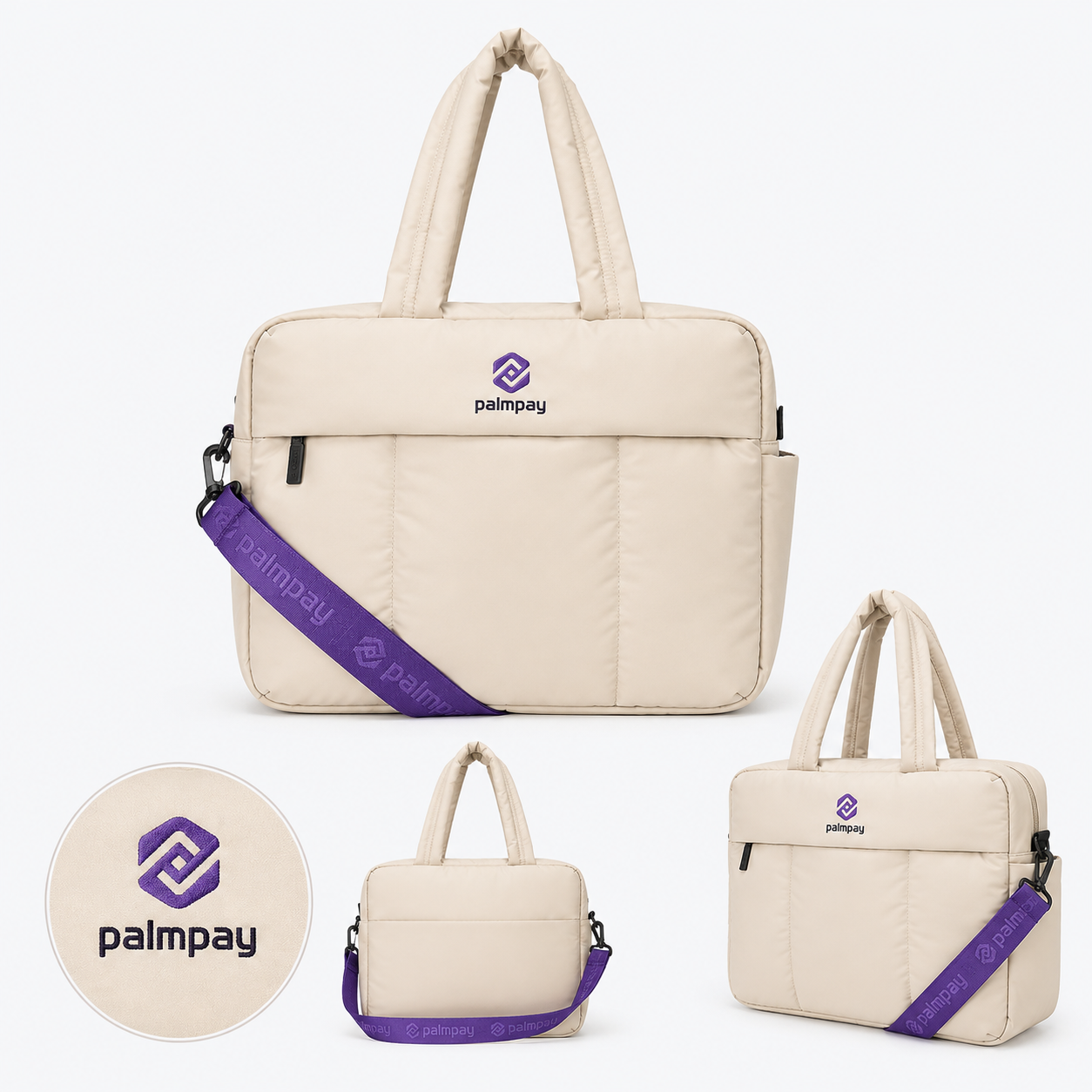 Cream padded tote and laptop bag with embroidered logo and branded strap