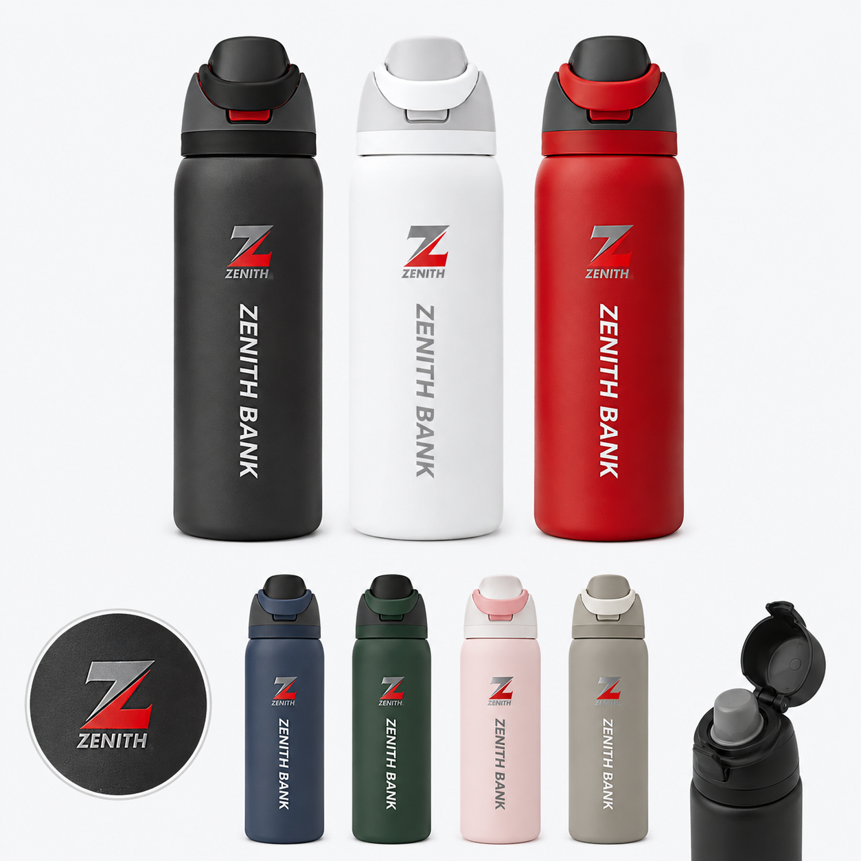 Insulated stainless steel water bottle in multiple colourways with branded logo