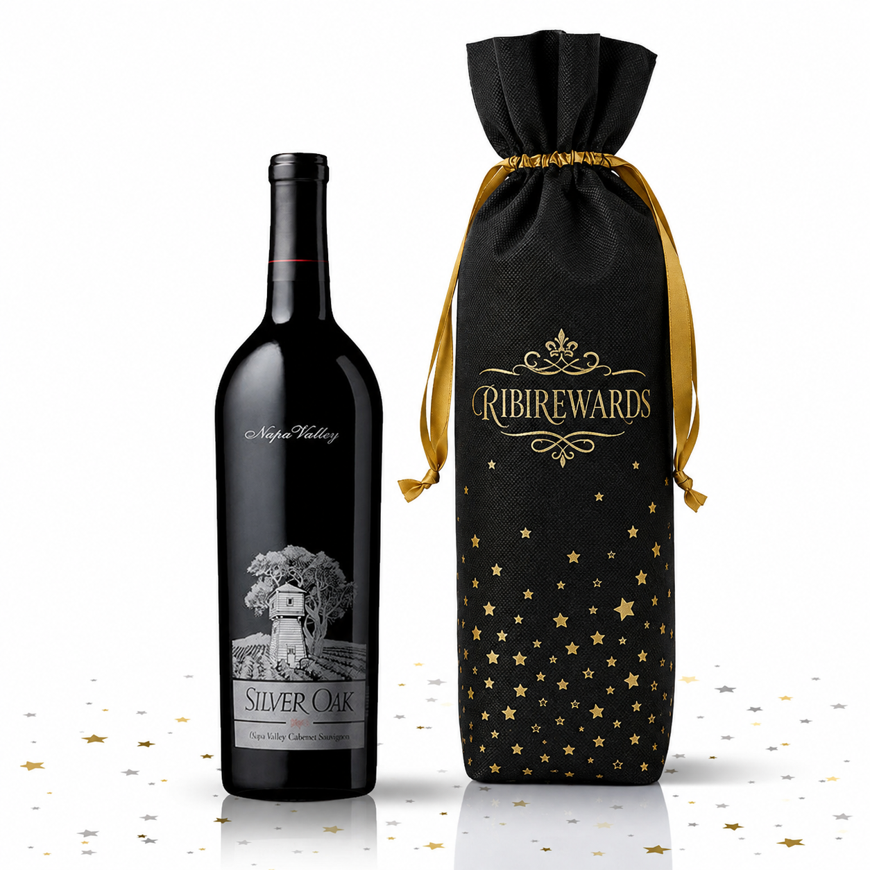 Silver Oak Napa Valley Cabernet Sauvignon bottle beside a black RibiRewards branded gift bag with gold ribbon