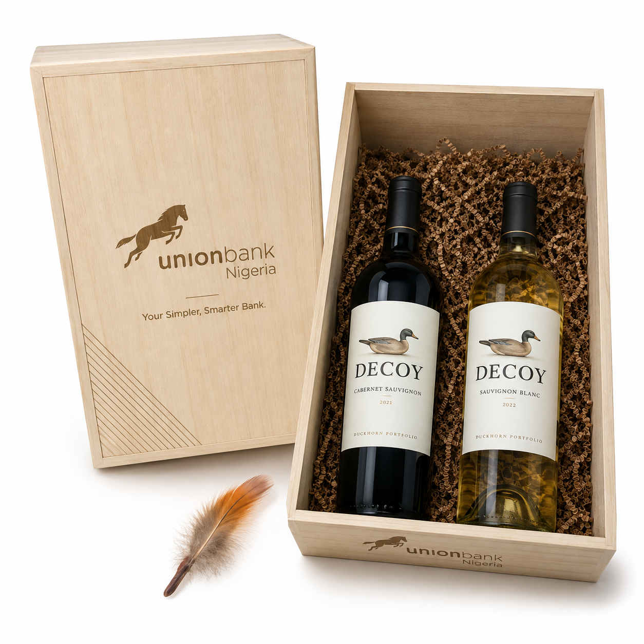 Decoy Cabernet Sauvignon and Sauvignon Blanc in an engraved wooden gift box branded for Union Bank Nigeria