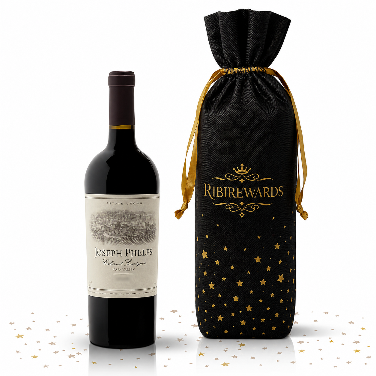 Joseph Phelps Napa Valley Cabernet Sauvignon bottle beside a black RibiRewards branded gift bag with gold ribbon