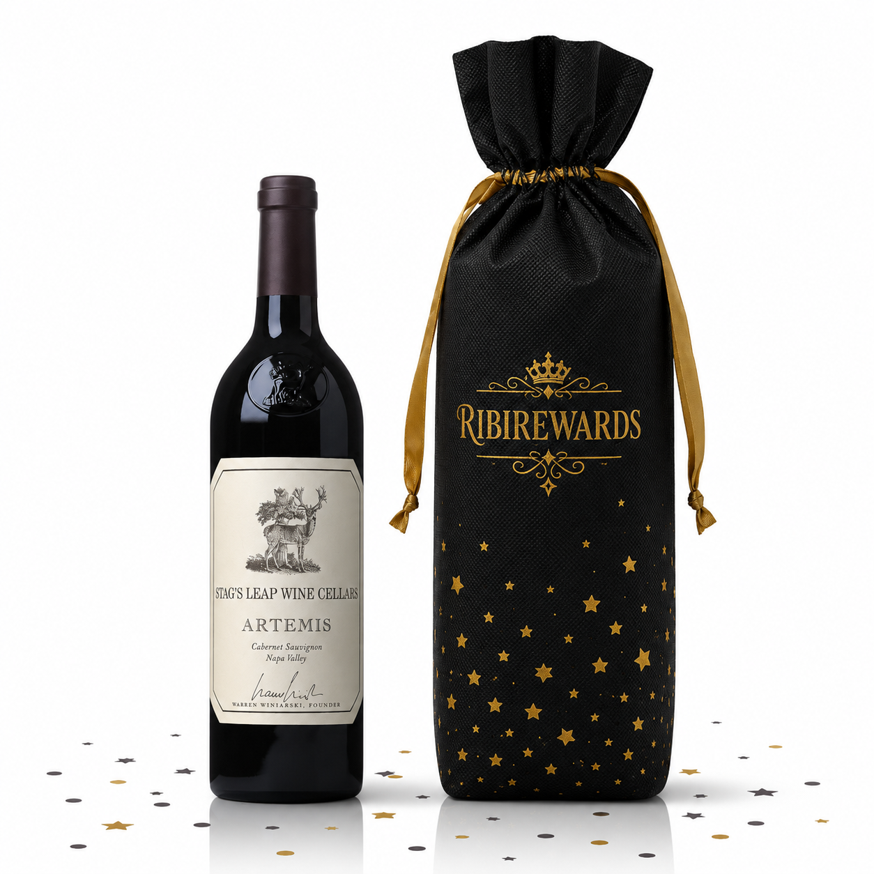 Stag's Leap Wine Cellars Artemis Cabernet Sauvignon bottle beside a black RibiRewards branded gift bag with gold ribbon