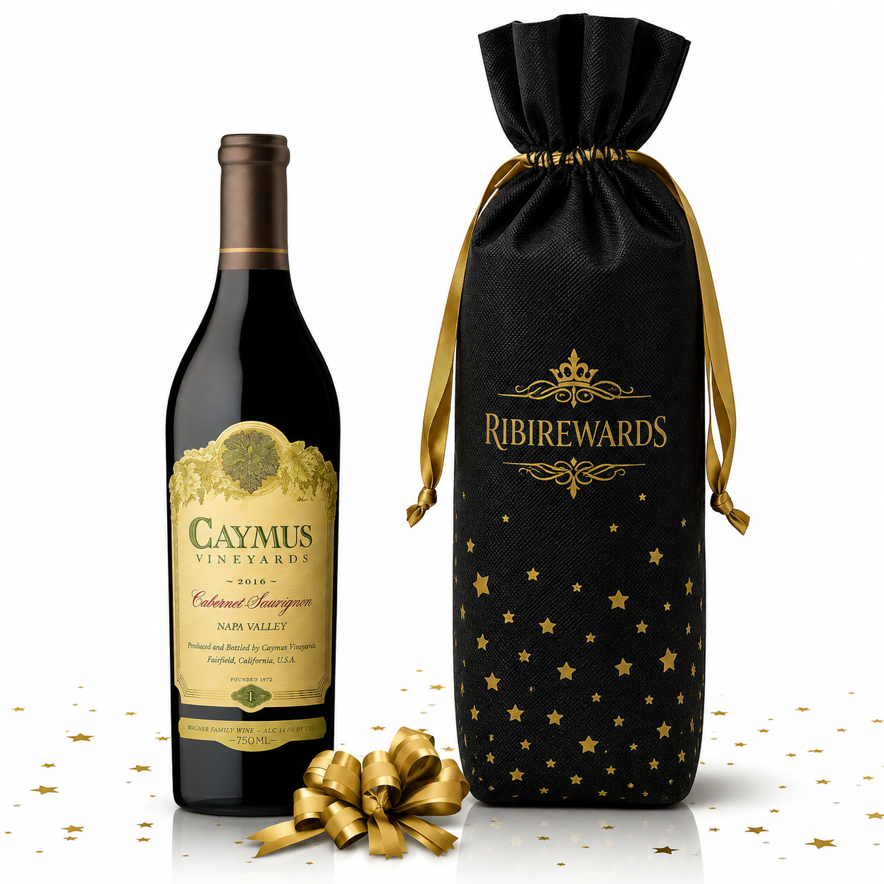 Caymus Vineyards Cabernet Sauvignon bottle beside a black RibiRewards branded gift bag, with a gold ribbon bow