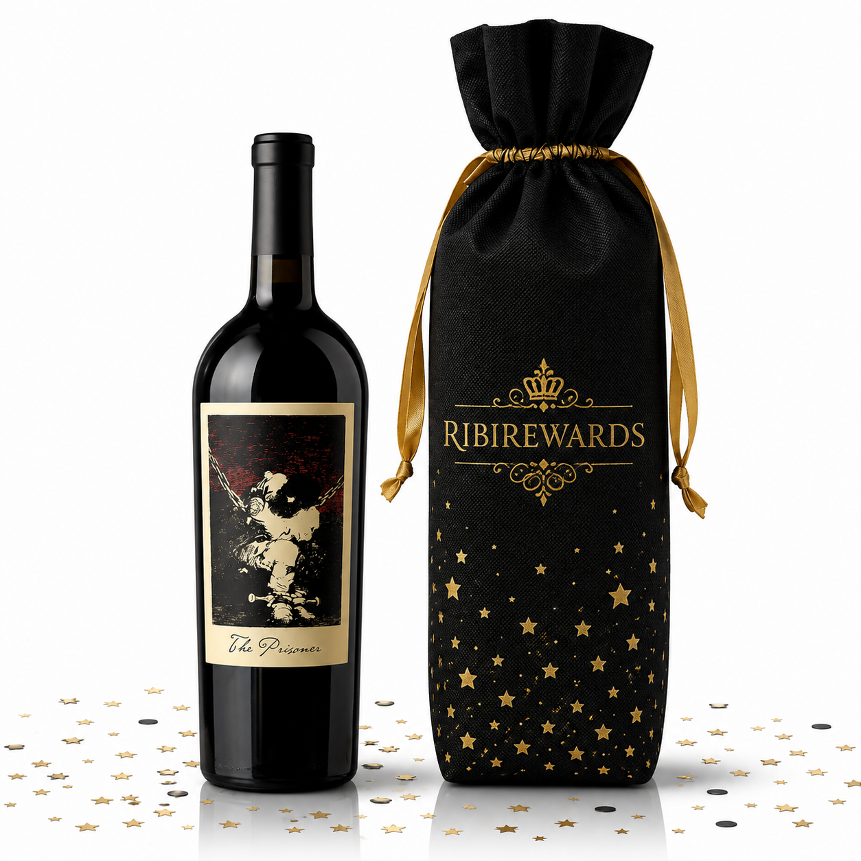 The Prisoner red wine bottle beside a black RibiRewards branded gift bag with gold ribbon