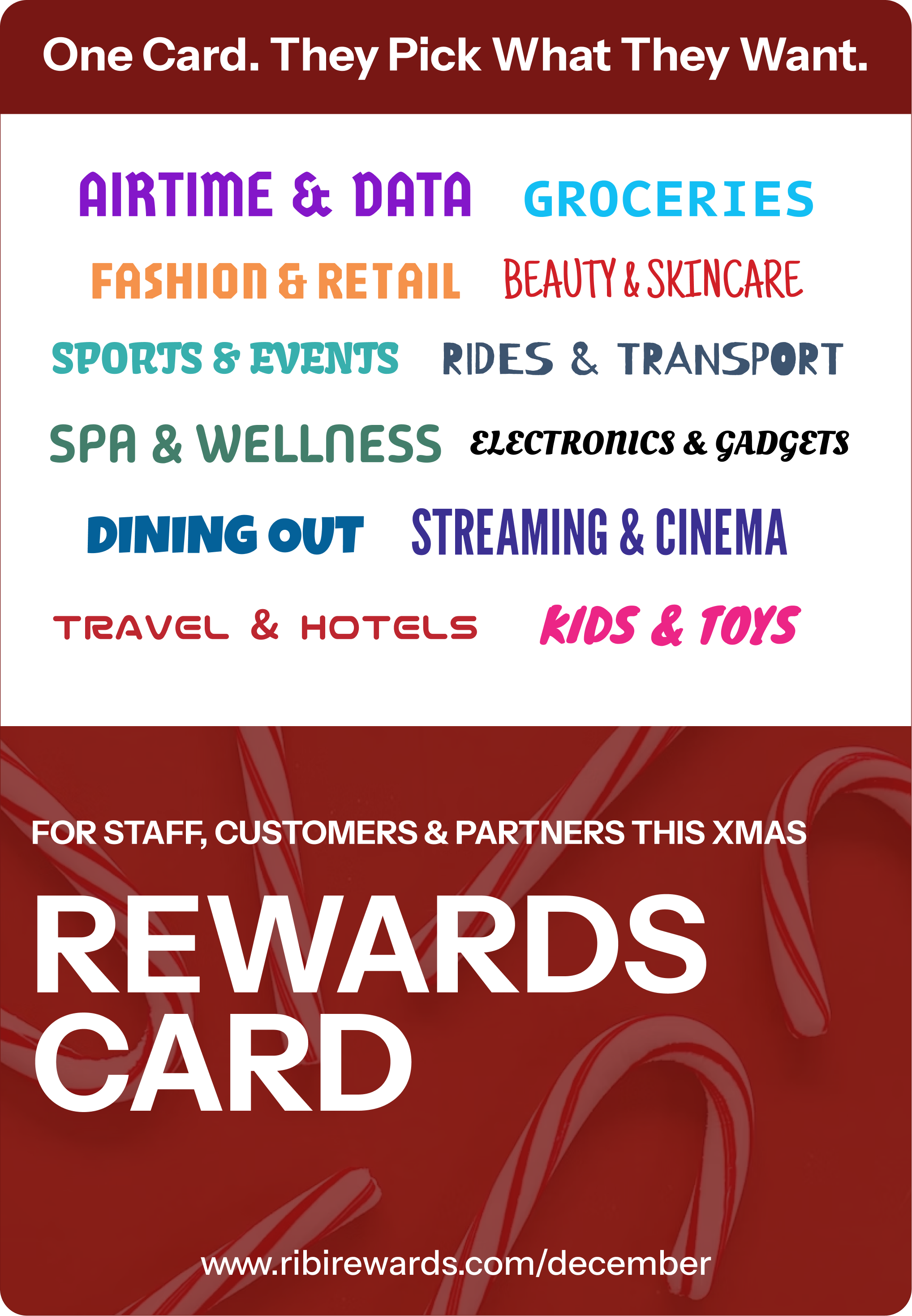 RibiRewards RewardsCard "Evergreen" holiday gift card design, redeemable across 5,000+ local brands