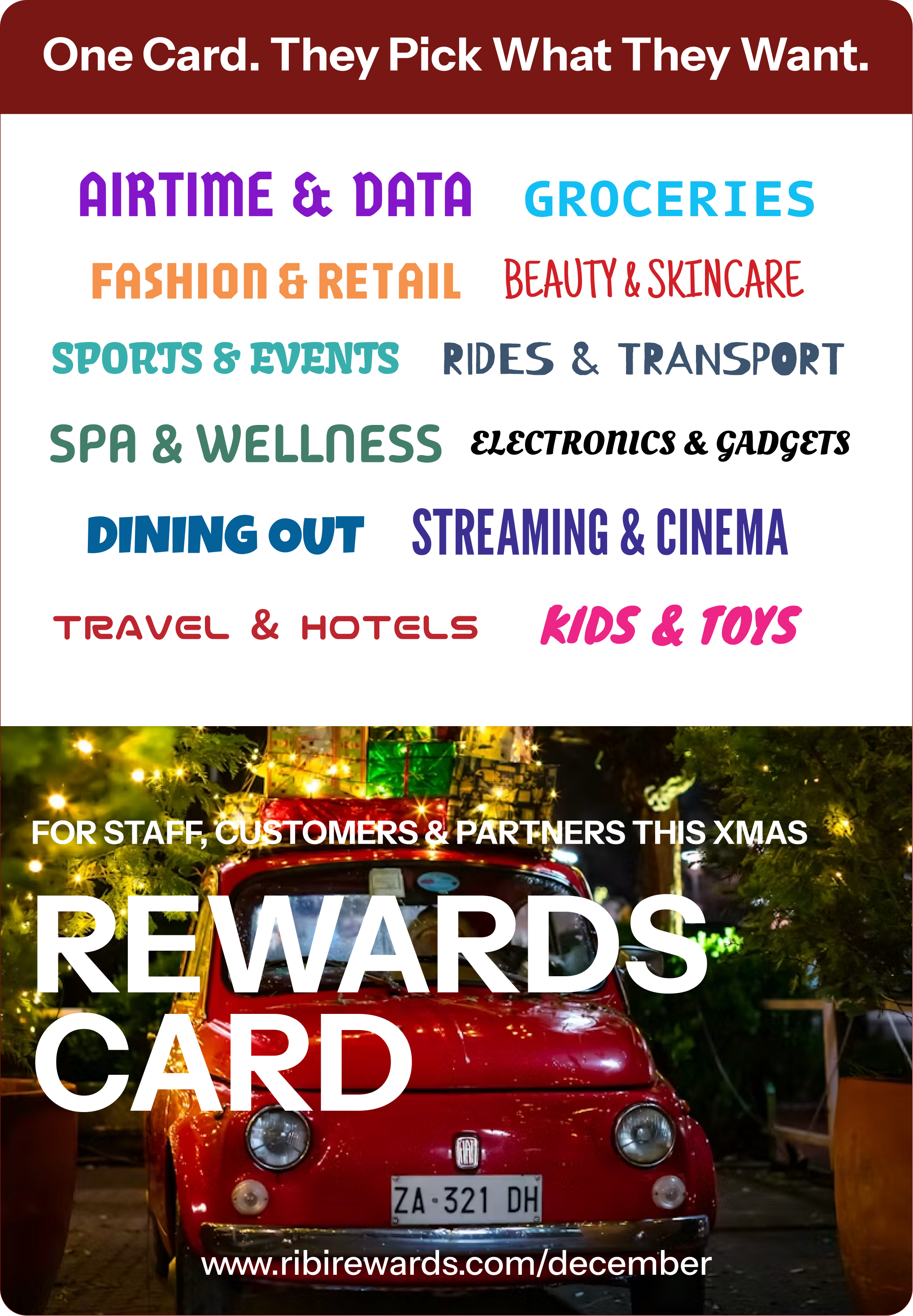 RibiRewards RewardsCard "Frost" holiday gift card design, redeemable across 5,000+ local brands