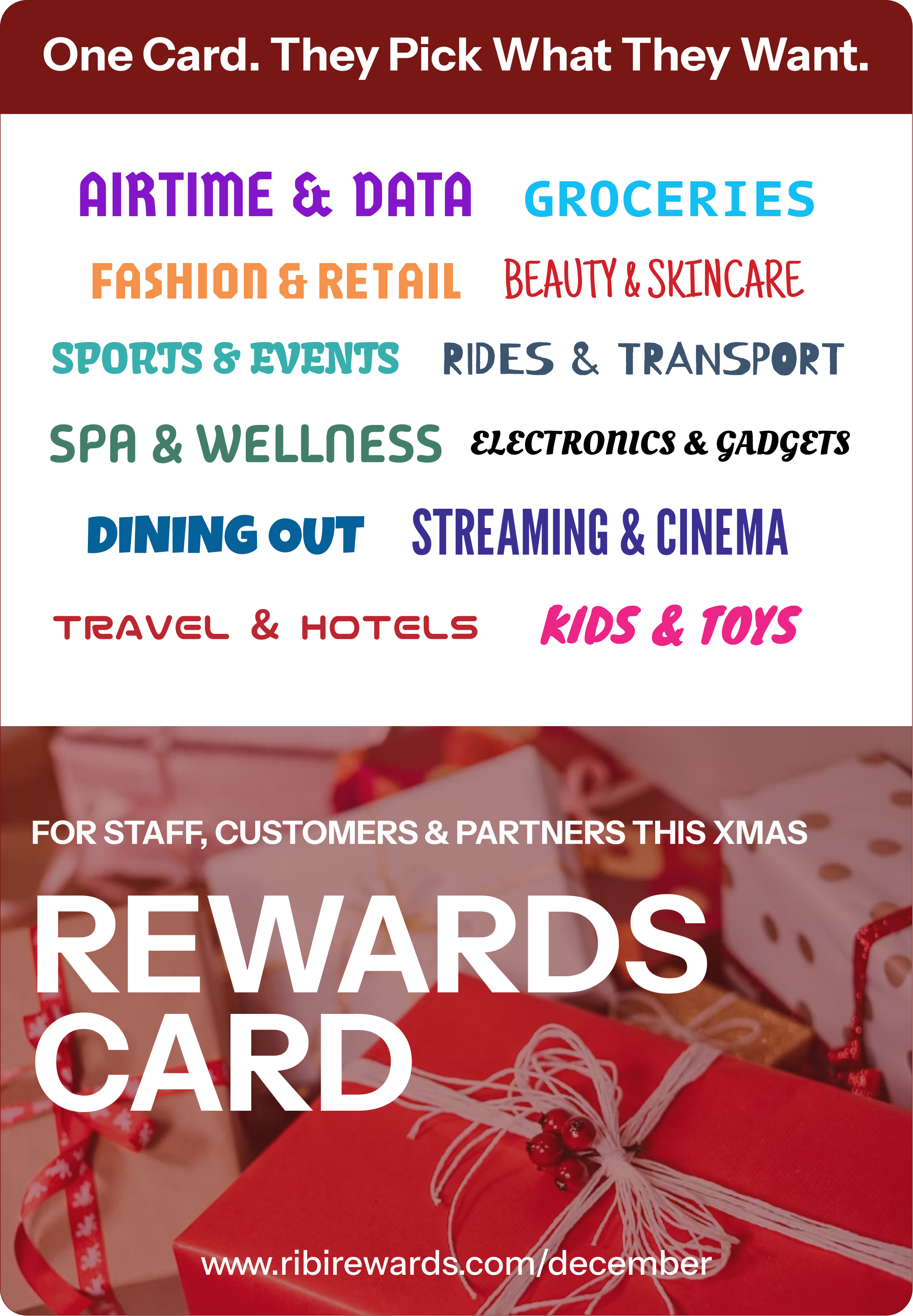 RibiRewards RewardsCard "Aurora" holiday gift card design, redeemable across 5,000+ local brands