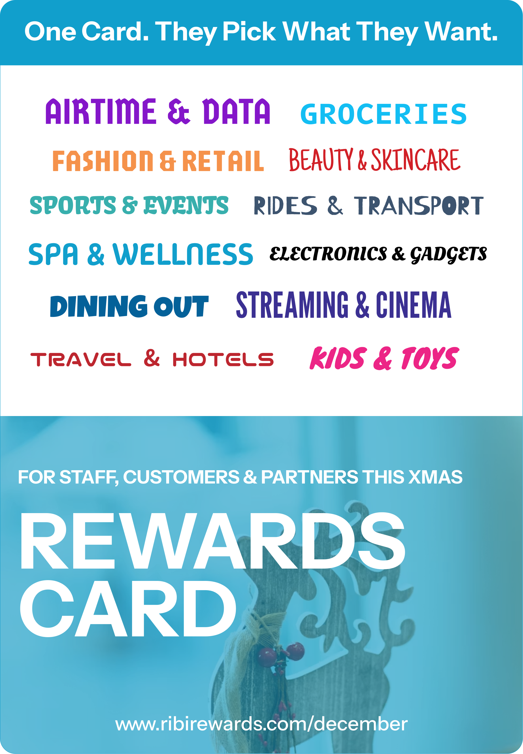 RibiRewards RewardsCard "Starlight" holiday gift card design, redeemable across 5,000+ local brands