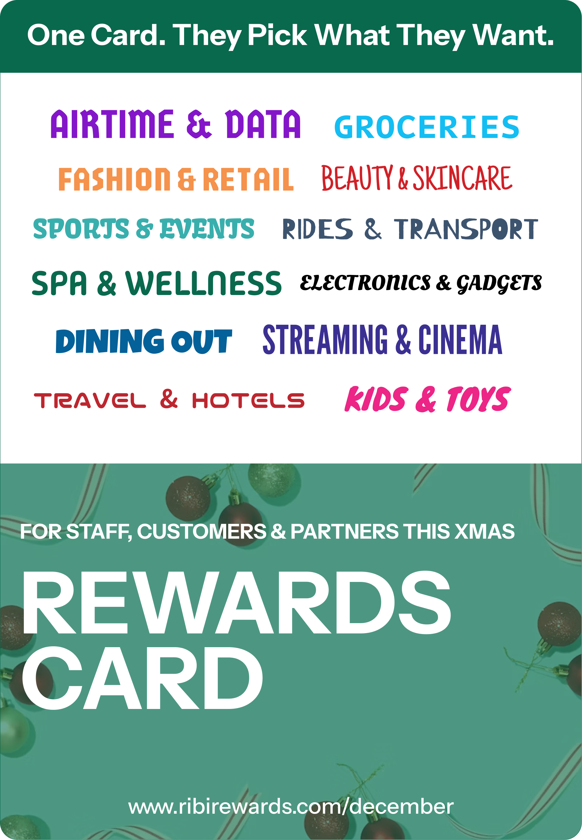 RibiRewards RewardsCard "Midnight Gold" holiday gift card design, redeemable across 5,000+ local brands